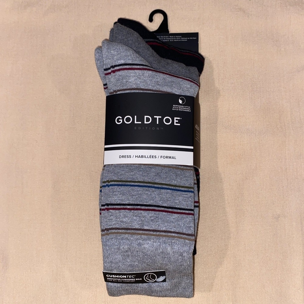 3 Pairs Gold Toe Mens Grey Black Striped Dress Crew Socks Aquafx Size 6-12.5 NEW - Picture 1 of 7